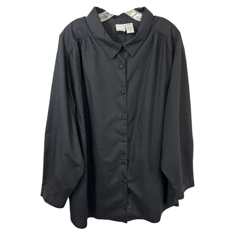 Roamans Plus Size 3X Top Solid Black Button Up Long Sleeve Career‎ Capsule 1290